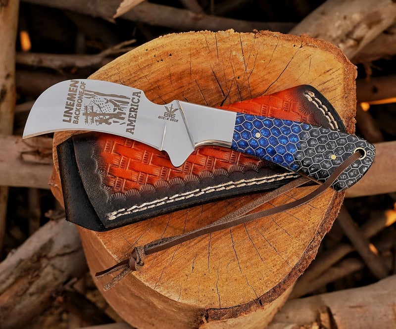 BE BREAK EDGE Stainless Steel Lineman's Hawkbill Knife, Fixed Blade,Full Tang, Wire Skinning, Utility Tool with Leather Sheath - Image 3